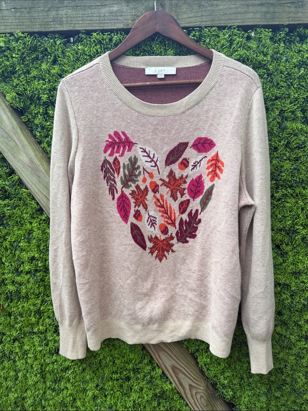 LOFT Beige Pullover Sweater with Multicolor Leaf Heart Motif